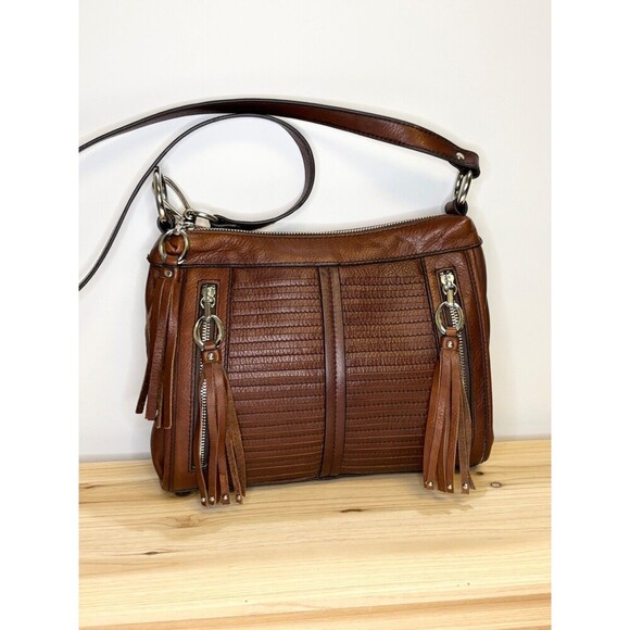 B Makowsky Boho Brown Leather Shoulder Crossbody Bag Tassels Zippers Authentic - Picture 1 of 12